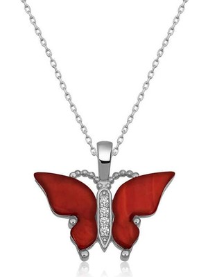 Cey jewelry Gümüş Kırmızı Kaplangözü Taşlı Kelebek Kolye