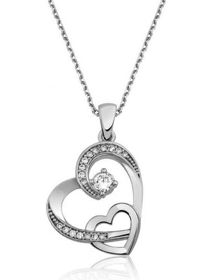 Cey jewelry Gümüş Iki Kalp Bayan Kolye