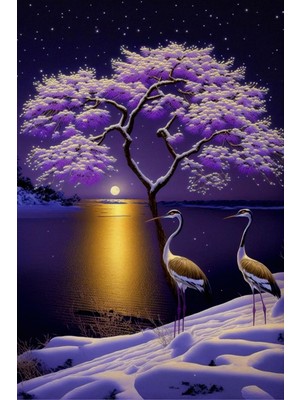 Aden Manzara Leylekler Ve Ay Işığı Kanvas Tablo