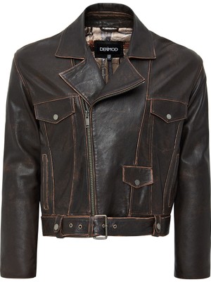 Derimod Lugano Kadın Kahverengi Vintage Biker Deri Ceket 24WGD5278VD