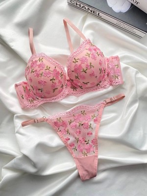 Arona Destekli Brode (Nakışlı) Pembe Sütyen Takımı - 170