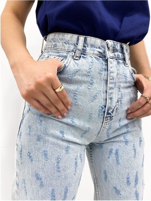 Kadın Desenli Yüksek Bel Geniş Paça Kot Pantolon