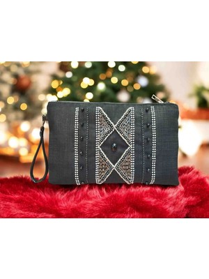 Vertiginoso Siyah Boncuk Işlemeli Kadın Portföy Clutch El Çantası