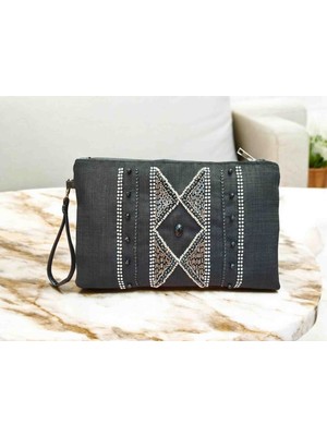 Vertiginoso Siyah Boncuk Işlemeli Kadın Portföy Clutch El Çantası