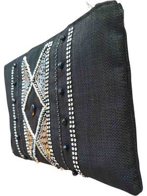 Vertiginoso Siyah Boncuk Işlemeli Kadın Portföy Clutch El Çantası