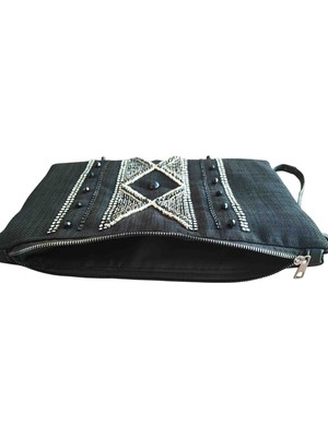 Vertiginoso Siyah Boncuk Işlemeli Kadın Portföy Clutch El Çantası