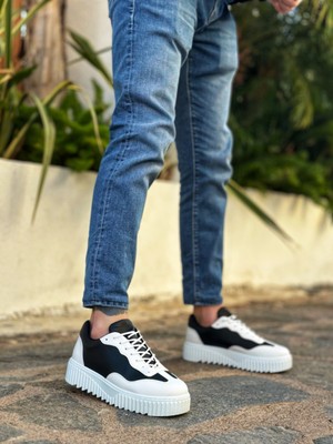 BA0802 Boa Siyah Renk Beyaz Parçalı Yüksek Taban Erkek Günlük Ayakkabı