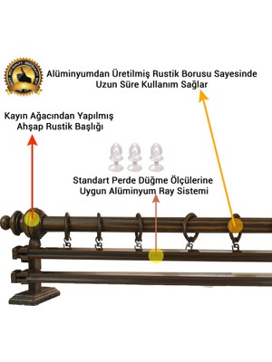 Rustik Ceviz Çift Raylı Ahşap Rustik Perde Askısı ve Alüminyum Rustik Borusu 150 cm