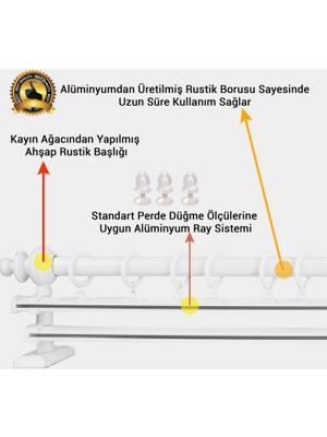 Officeofsy Rustik Beyaz Çift Raylı Ahşap Rustik Perde Askısı Ve Alüminyum Rustik Borusu 150 Cm