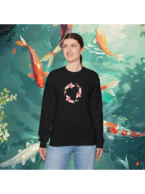 Koi Balığı Baskılı Kadın Sweatshirt, Fluxquantic Baskılı %100 Pamuk Siyah Uzun Kollu Sweatshirt