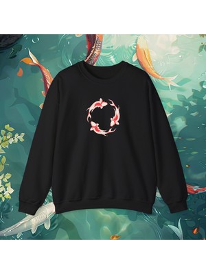 Koi Balığı Baskılı Kadın Sweatshirt, Fluxquantic Baskılı %100 Pamuk Siyah Uzun Kollu Sweatshirt