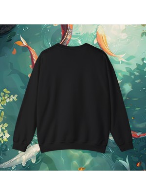 Koi Balığı Baskılı Kadın Sweatshirt, Fluxquantic Baskılı %100 Pamuk Siyah Uzun Kollu Sweatshirt