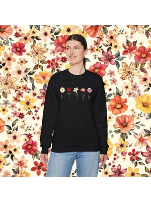 Çiçek Baskılı Uzun Kollu %100 Pamuk Kadın Sweatshirt