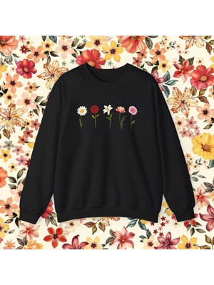 Çiçek Baskılı Uzun Kollu %100 Pamuk Kadın Sweatshirt