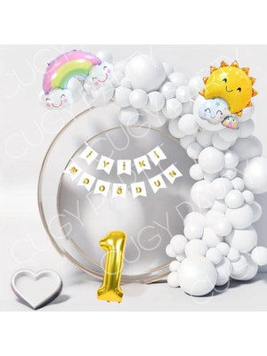 Erkek & Kız Doğum Günü Süsü Parti Seti Güneş ve Gökkuşağı Figürlü Beyaz  Balon Zinciri Seti