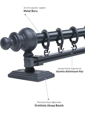 Officeofsy Rustikantrasit Tek Raylı Ahşap Rustikperde Askısı Ve Alüminyum Rustikborusu 175 Cm