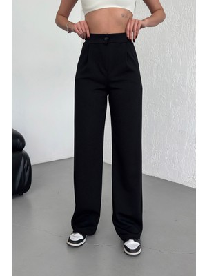 Warasiva Kadın Siyah Yüksek Bel Pileli Düğmeli Likralı Esnek Rahat Kalıp Palazzo Pantolon