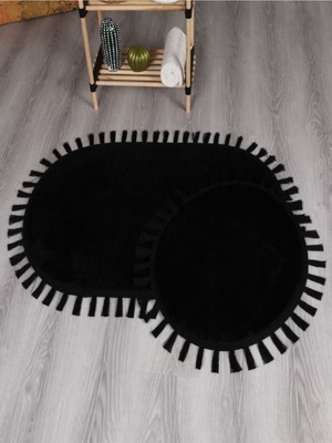 Tekno Trust Modern Dekoratif Yıkanabilir Peluş Puffy Kaymaz Taban Oval Püskül Saçaklı 2'Li Banyo Paspası 50x80