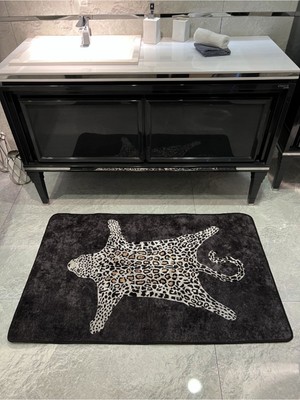 Tekno Trust Leopar Desen Yıkanabilir 80x120 Tekli Banyo Paspası - Siyah