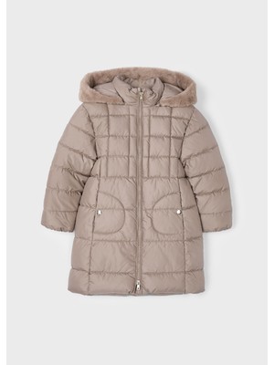 Mayoral Kız Çocuk Uzun Şişme Ceket Krem Renk Düz Desenli Midi Model Uzun Kol