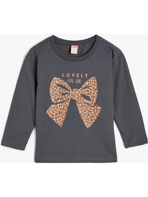 Koton Uzun Kollu Pamuklu Tişört Kız Çocuk Fiyonk Baskılı Günlük Stil Truvakar Kol