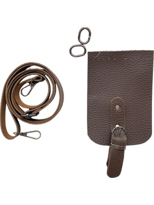 Yumakça Kapaklı Telefon Çantası Aksesuarları Seti 10*15 cm Kahve Renk Krom Kancalı