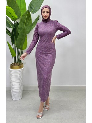 Sefa Merve Simli Tül Abiye Elbise 5517-05 Gül Kurusu