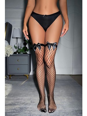 D'lingerie Siyah Fiyonklu Fileli Jartiyer Çorabı DM11252