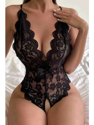 D'lingerie Özel Bölgesi Açık Dantelli Siyah Fantazi Babydoll DM11277