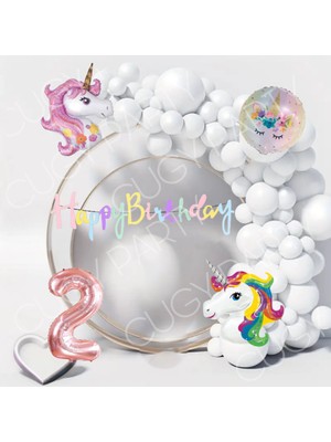Cugy Kız Cocuk Doğum Günü Parti Seti Çift Unıkorn Temalı Beyaz Balon Zinciri  ve Folyo Balon Seti