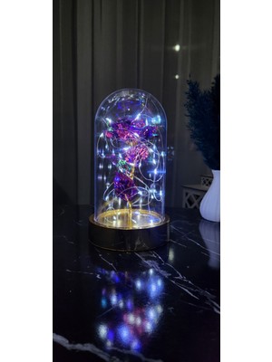 Gold Tabanlı Beyaz LED Işıklı Sevgililer Günü Solmayan Sonsuzluk Gülü Fanuslu Gece Lambası