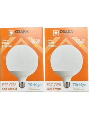 Osaka 15W (100W) 3000K (Günışığı) E27 Duylu G95 LED Glop Ampul (2 Adet)