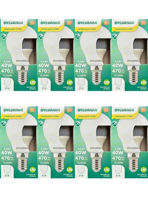 Sylvania 4.5W (40W) 2700K (Sarı Işık) E14 Duylu LED Top Ampul (8 Adet)