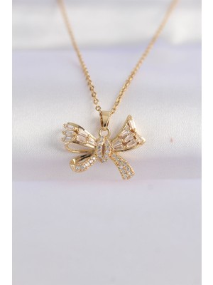 Sinerji Shop 316L Çelik Zincir Altın Renk Zirkon Taşlı Fiyonk Kolye - TJ-BKO8652