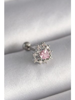 316L Çelik Gümüş Renk Zirkon Taşlı Kalp Tragus Piercing