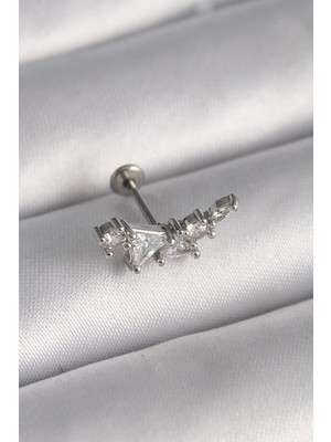 316L Çelik Gümüş Renk Zirkon Taşlı Tragus Piercing