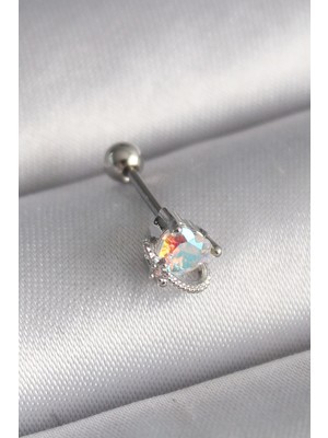 316L Çelik Gümüş Renk Zirkon Taşlı Kalp Tragus Piercing