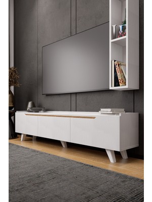 Lifedeco Tv Ünitesi Beyaz Kapaklı Ayaklı Eğri Kenar 1 Raflı LD-3003-BAEK1R