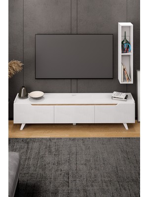 Lifedeco Tv Ünitesi Beyaz Kapaklı Ayaklı Eğri Kenar 1 Raflı LD-3003-BAEK1R