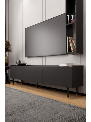 Lifedeco Tv Ünitesi Antrasit Kapaklı Ayaklı Eğri Kenar 1 Raflı LD-3003-GAEK1R