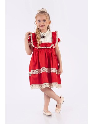 Miniğimin Cicileri Vintage Güpürlü Kız Çocuk Broşlu  Kısa kol elbise - Kırmızı