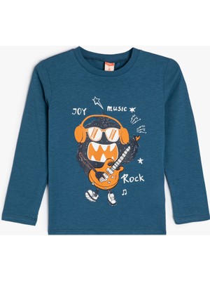 Koton Tişört Canavar Baskılı Uzun Kollu Bisiklet Yaka Pamuklu