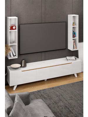 Lifedeco Tv Ünitesi Beyaz Kapaklı Ayaklı Eğri Kenar 2 Raflı LD-3003-BAEK2R