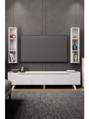 Lifedeco Tv Ünitesi Beyaz Kapaklı Ayaklı Eğri Kenar 2 Raflı LD-3003-BAEK2R