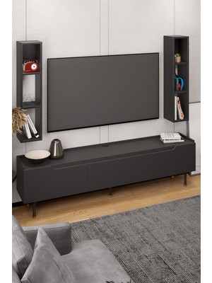 Lifedeco Tv Ünitesi Antrasit Kapaklı Ayaklı Eğri Kenar 2 Raflı LD-3003-GAEK2R