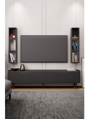 Lifedeco Tv Ünitesi Antrasit Kapaklı Ayaklı Eğri Kenar 2 Raflı LD-3003-GAEK2R