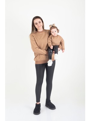 Nunu Baby Mama & Mini Nakışlı Sweatshirt Takım - Kahverengi