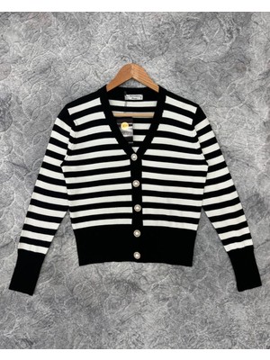 Inci Düğmeli Çizgili Triko Hırka 3108