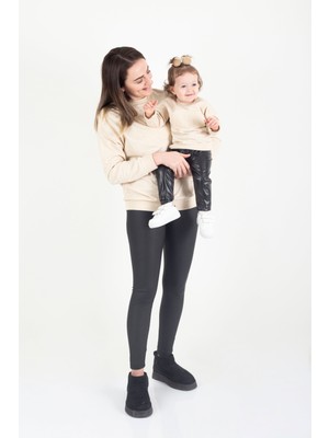 Nunu Baby Mama & Mini Nakışlı Sweatshirt Takım - Krem