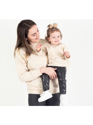 Nunu Baby Mama & Mini Nakışlı Sweatshirt Takım - Krem